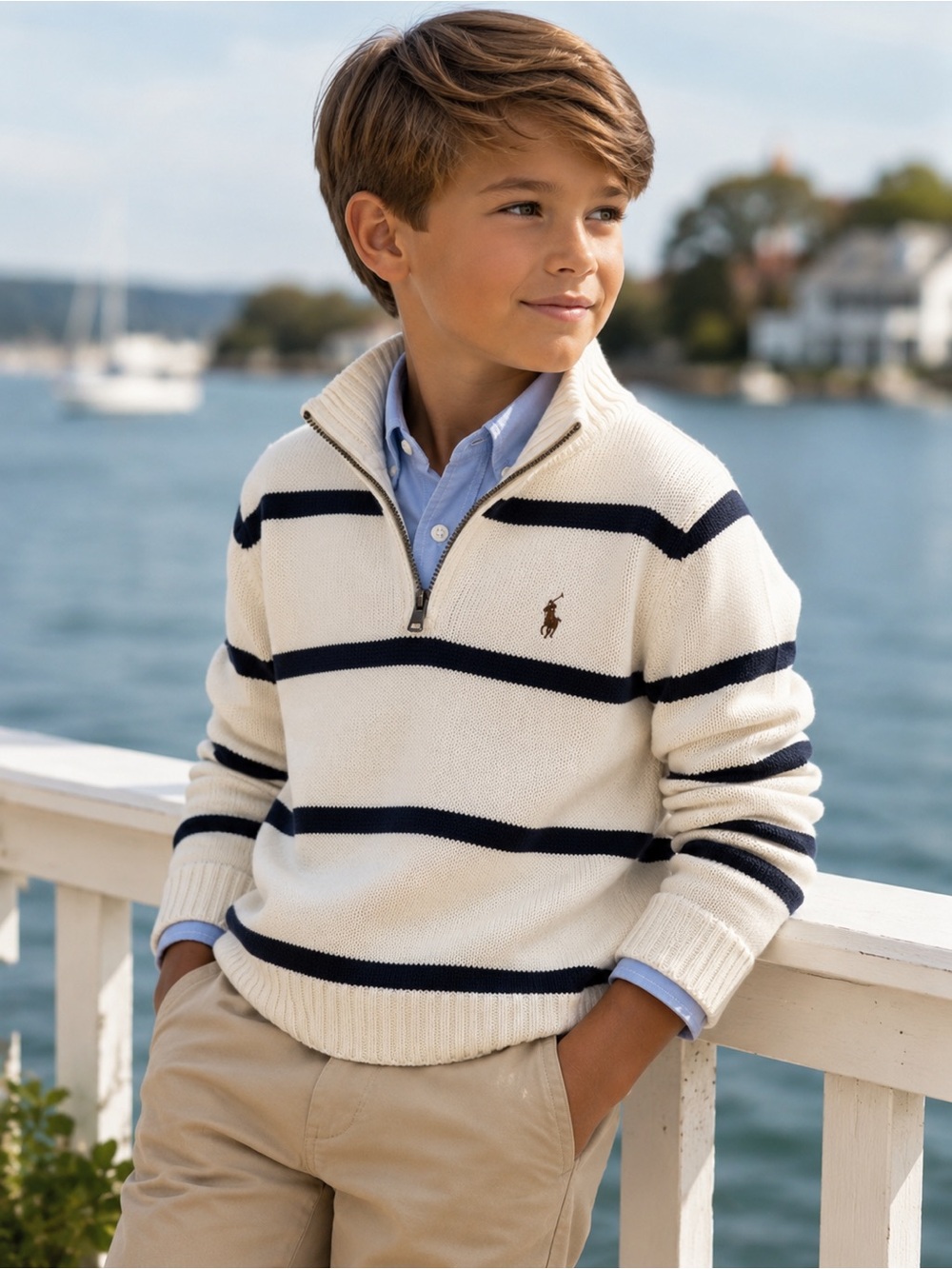 Polo Ralph Lauren Boys Striped Quarter Zip Sweater Cream Navy Size 8